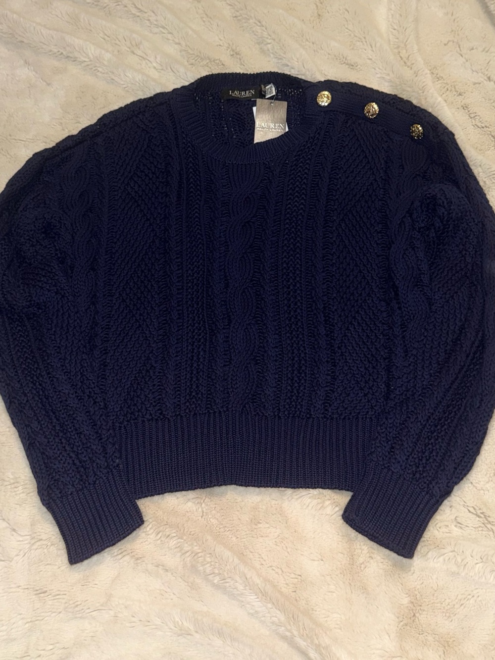 NWT Lauren Ralph Lauren Navy Cable Knit Gold Button Sweater Size L